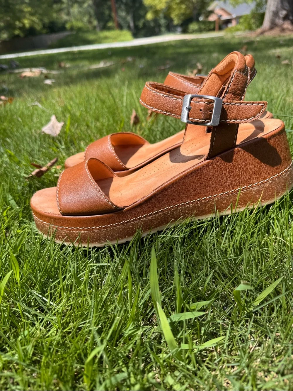 Clarks Kassanda Lily Tan Leather Platform Wedge Sandals W/ Ankle Strap 9W